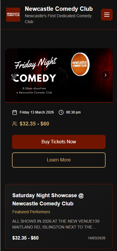 Newcastle Comedy Club mobile website showing event details and Buy Tickets button